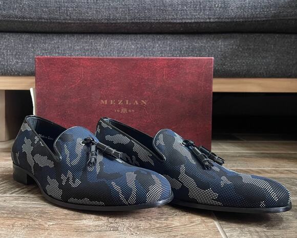 $425 NIB Mezlan Camouflage Blue Multi Leather Loafers Slip On Size 7.5 M